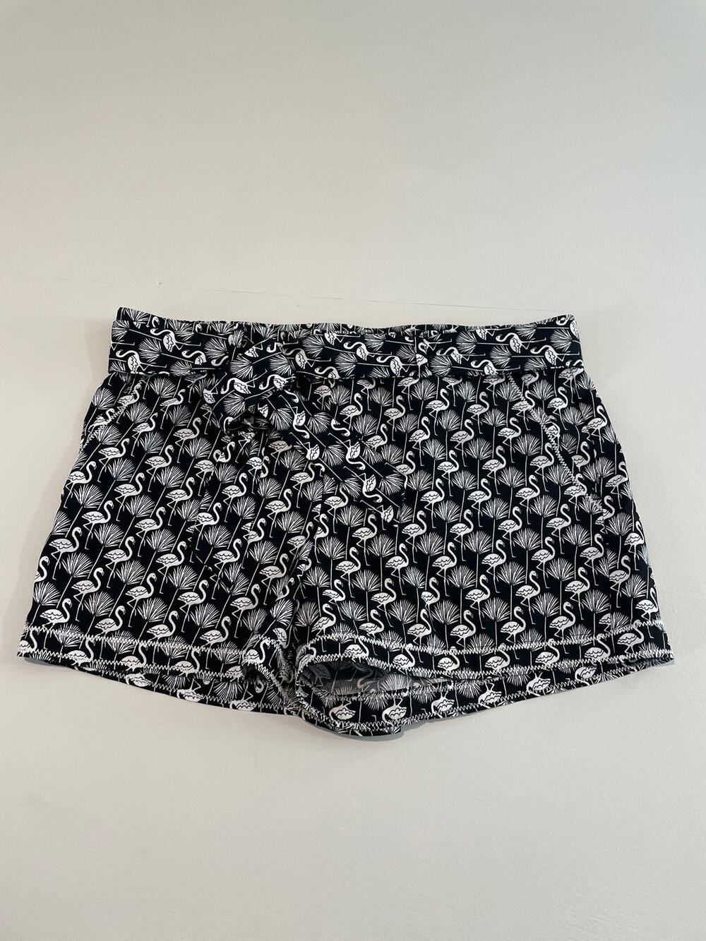 LOFT Shorts - Size L - Black White Flamingo Print - Tie Belt - Loose Fit